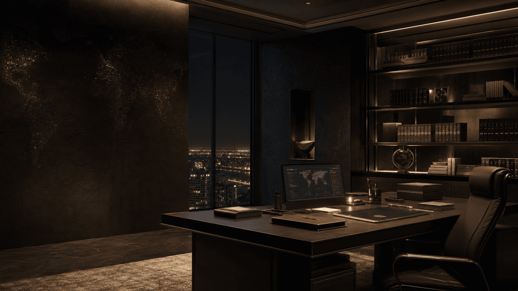 Refined private office interior with secure intelligence workspace